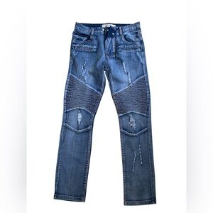 Blue Slim Straight Moto Jeans with Ribbed Knee Panels